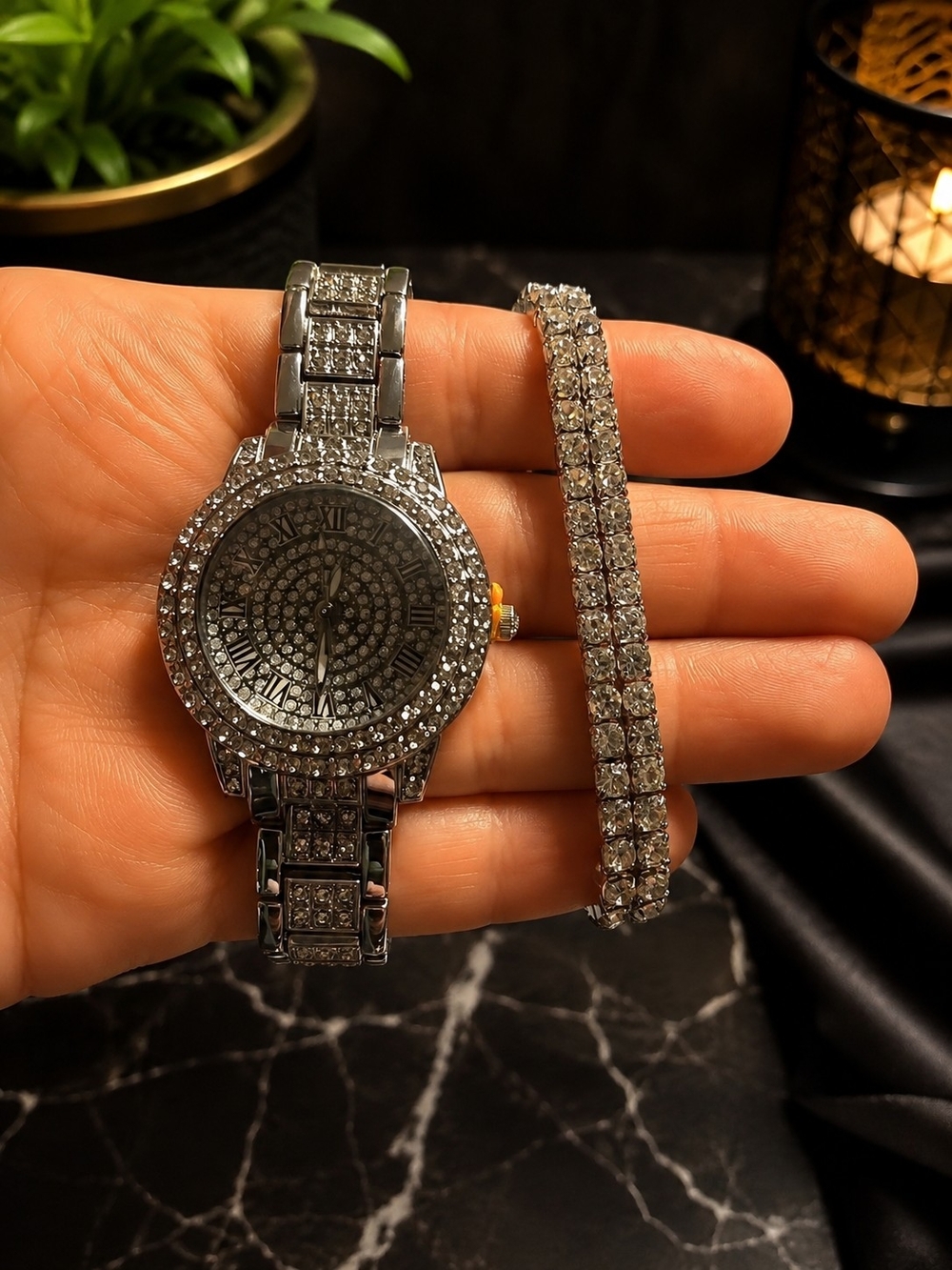 Silver Crystal Pavé Women's Watch and Bracelet Set
